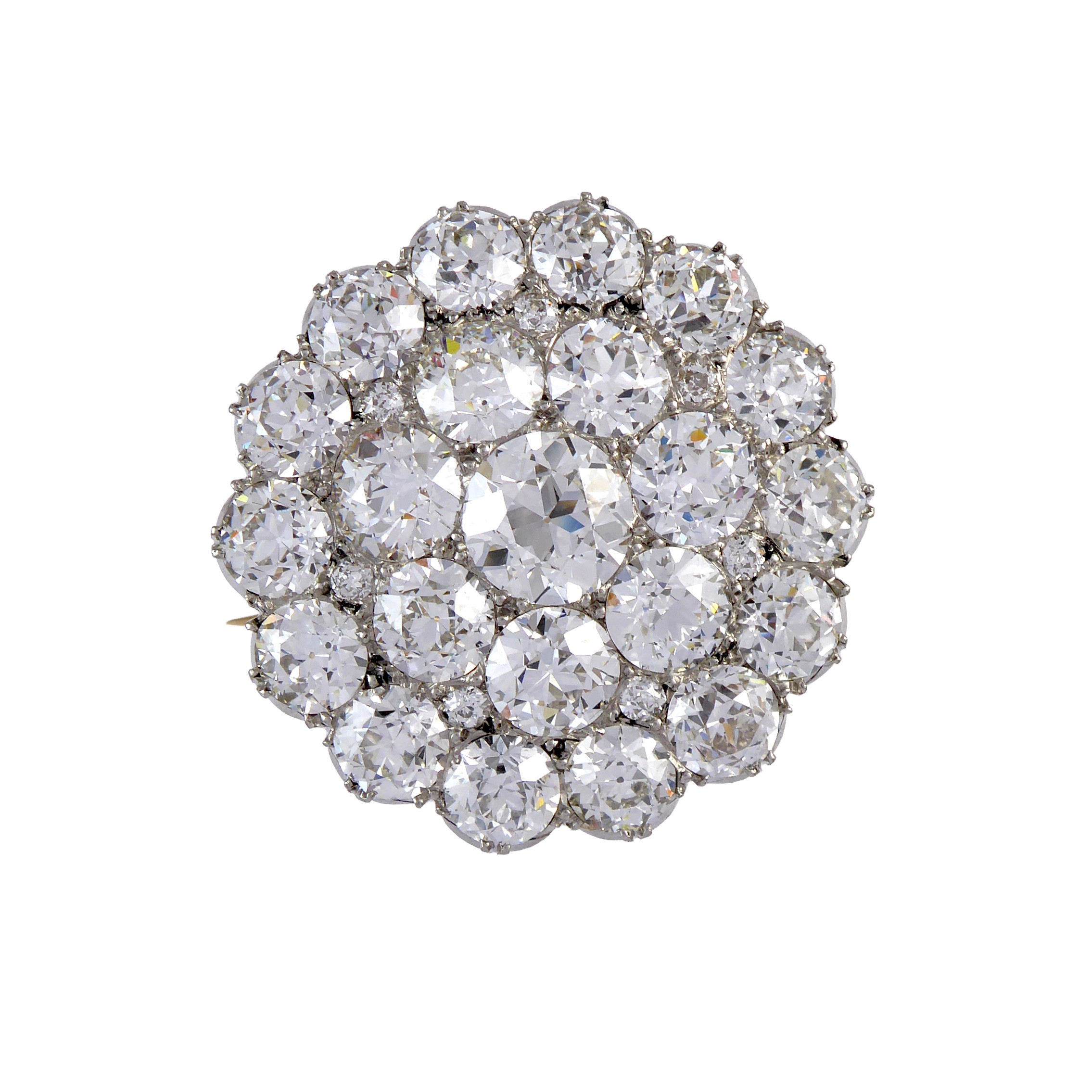 Late 19th century circular diamond cluster brooch-pendant, c.1895, scalloped edge and pave set,